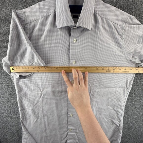 David Donahue Blue Brown Short Sleeve 16 Trim Check Cotton Button Up Shirt Men - Picture 6 of 13